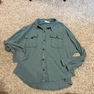 Double Zero Green Waffle Button Up